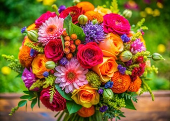 Obraz premium Aerial View Vibrant Summer Wedding Flowers, Colorful Floral Arrangement, Overhead Shot