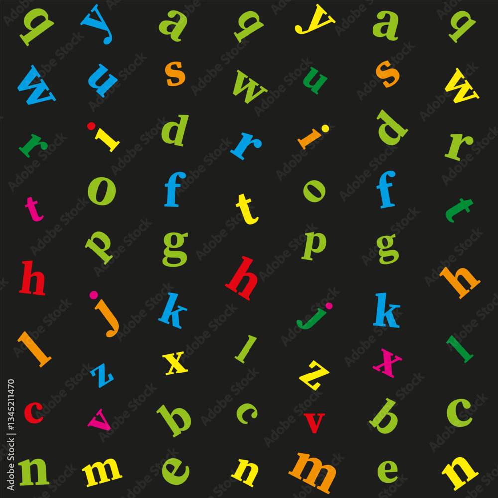 Poster letter pattern icons. colorful vector symbols. random shape design. black background pattern.