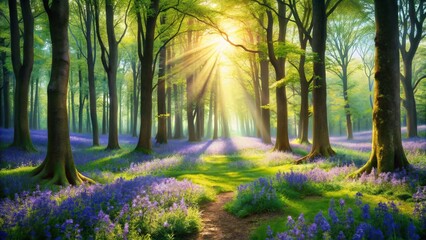 Obraz premium Aerial View Watercolor Bluebell Woods Spring Blossom