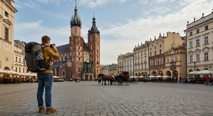 Obraz premium Tourist Exploring the Streets of Kraków, Poland 