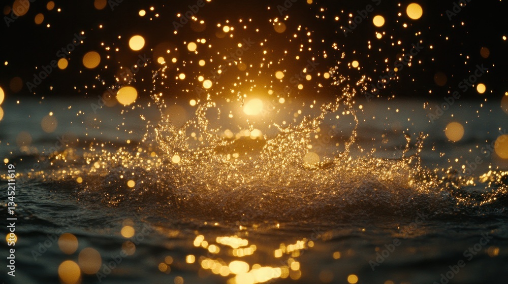 Poster water surface ripples and splashes in the foreground, with glowing particles and bokeh creating a dy