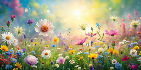 Obraz premium Aerial View Watercolor Floral Wallpaper Design, Blooming Flowers Meadow, Bird's Eye Perspective