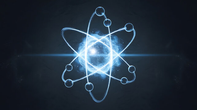 Glowing blue atom structure with orbiting particles, representing science, energy, and the fundamental building blocks.