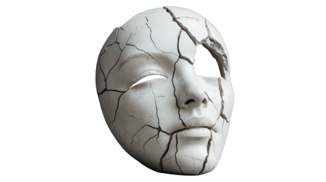 Broken mask representing loss of identity on transparent background