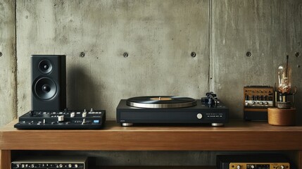 Obraz premium High-Fidelity Audio Setup: Turntable, Speakers, and Mixer on a Wooden Shelf