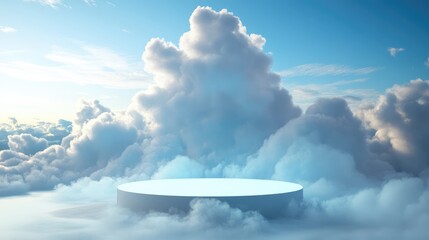 A serene sky filled with fluffy clouds surrounding a circular platform, suggesting a dreamlike scene for creative use