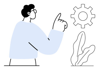 Person gesturing toward a gear symbol, accompanied by minimalistic plant elements. Ideal for teamwork, concepts, solutions, innovation, technology, workflow mechanics. Flat simple metaphor