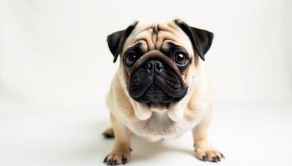 Obraz premium Solo pug, front view, against pure white backdrop, solo, purebred