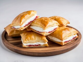 Cuban pastelitos golden puff pastries with cream and jam filling on a wooden serving plate. 