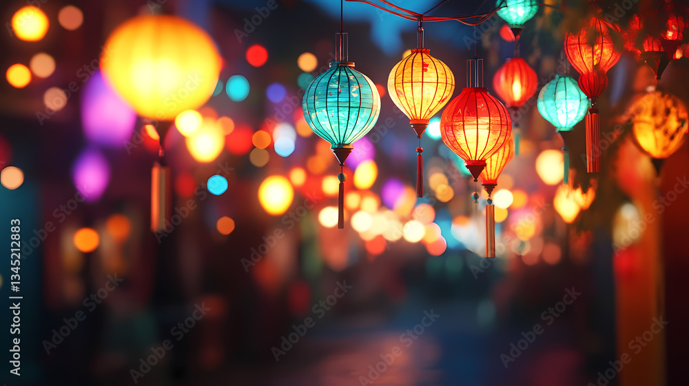 Poster lanterns of luminosity: a vibrant array of colorful lanterns casts a magical glow, illuminating the 
