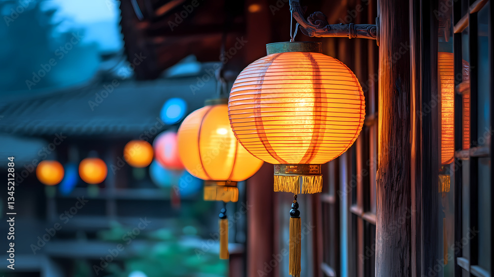 Poster lanterns illuminating: capture the captivating allure of paper lanterns casting a warm, inviting glo