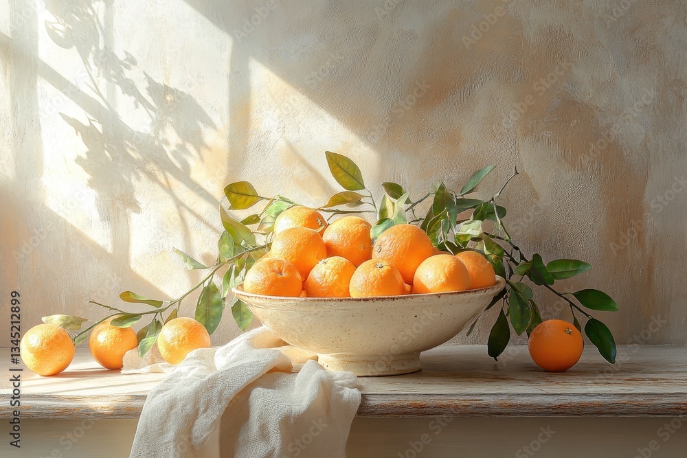 Poster fresh oranges arranged in a rustic bowl with leaves, illuminated by warm natural light in a cozy kit