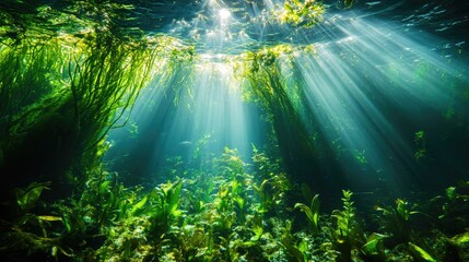 Obraz premium Underwater Landscape with Sunlight Rays and Lush Green Plants Illuminated by Ocean Water
