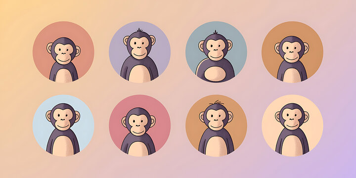 Stylized monkey portraits within colorful circles, creating a playful and whimsical digital art collection.