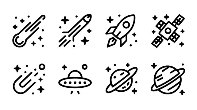 Space exploration icons Outline style vector graphics Cosmic elements Stock vector
