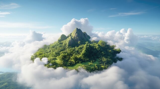 Lush island floating amidst clouds.  A verdant, mountainous island, teeming with life, rests serenely on a sea of clouds. Sunlight bathes the scene in a soft, ethereal glow