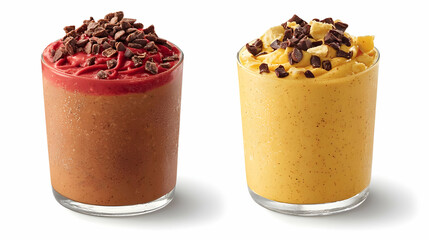 Two Colorful Smoothies in Glasses with Chocolate Toppings