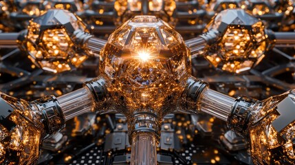 Fototapeta premium Futuristic geometric structure with glowing metallic elements