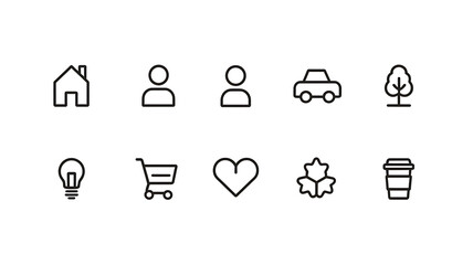 Fototapeta premium Simple line icons for home people car tree lightbulb shopping cart heart snowflake coffee cup