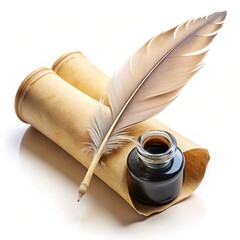 Roll of old paper and feather in the inkwell isolated on white background.
