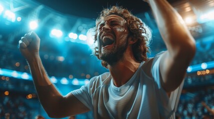Excitement fills the stadium as fans cheer joyfully during the thrilling match in the evening light