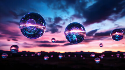 Glowing Spheres Floating in Sunset Sky