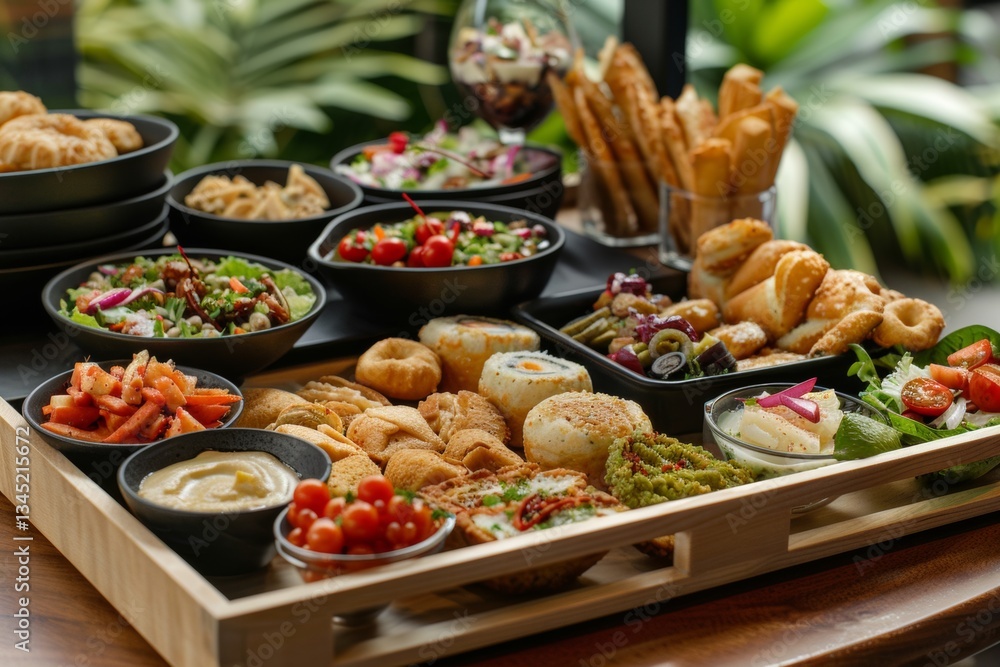 Aufkleber delicious assortment of snacks and appetizers displayed on a beautifully arranged tray for event cat