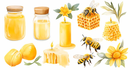 Golden Nectar and Buzzing Friends: A captivating still-life arrangement featuring pots of golden honey, beeswax candles, buzzing bees, and floral accents, evoking the sweetness of nature's bounty.