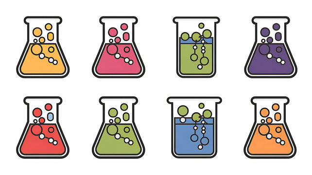 Colorful science lab flasks with bubbling solutions Educational science-themed stock image