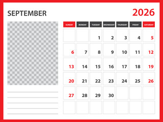 2026 year calendar vector design, September 2026 year, Desk calendar 2026, Week Starts on Sunday, Wall calendar design, poster,  planner design, stationery, printing media, red background concept
