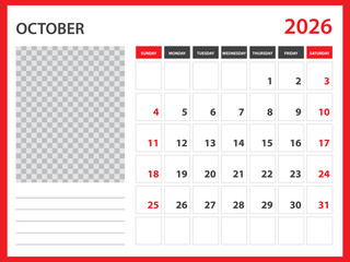 2026 year calendar vector design, October 2026 year, Desk calendar 2026, Week Starts on Sunday, Wall calendar design, poster,  planner design, stationery, printing media, red background concept