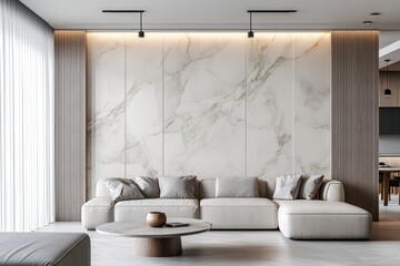 Modern living room with marble wall and beige sectional sofa