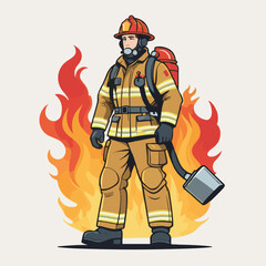 fireman, safety, emergency, firefighter, danger, rescue, fire, man, fighter, uniform, equipment, protection, helmet, service, flame, burn, water, profession, extinguisher, vector, red, hose, backgroun