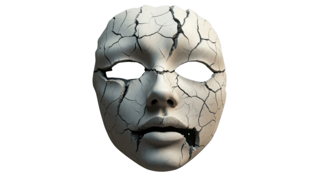 Broken mask symbolizing lost identity on transparent background