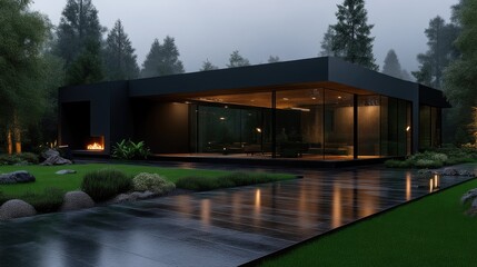 Modern black house in a rainy forest setting.  Large windows showcase the interior, while a paved pathway leads to the entry.  A fire pit area is visible outside