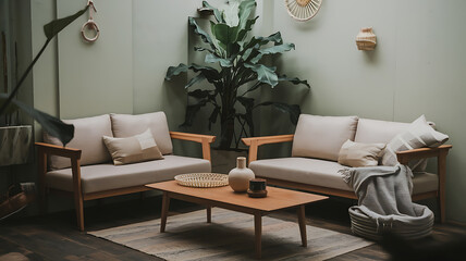 Cozy corner seating area with wooden furniture and natural tones