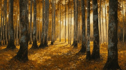 Obraz premium Serene Autumn Forest with Tall Trees and Golden Leaves Bathed in Warm Light