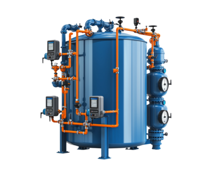 Industrial Water Treatment System with Blue Tank and Orange Pipes