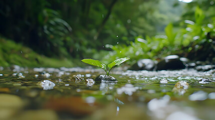 Small Green Plant Sprouting in Shallow Stream with Water Droplets and Leaf Reflections in a Lush Forest