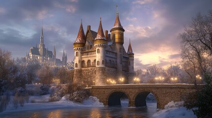 Obraz premium Enchanting winter castle at dusk with snow-covered landscape