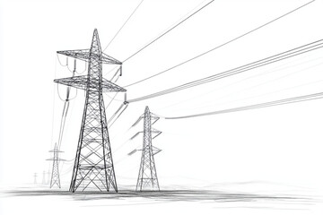 Drawing of Power Lines and Towers on Plain White Background -