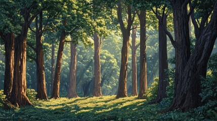 Fototapeta premium Serene Forest Landscape with Sunlight Filtering Through Tall Trees Amidst Lush Greenery and Vibrant Underbrush