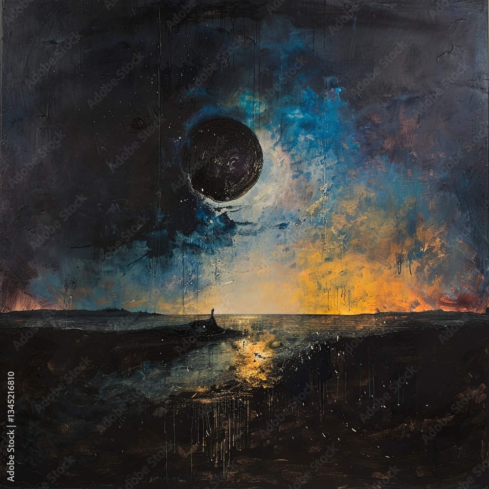 Poster cosmic landscape featuring a dark moon over a vibrant seascape at twilight generative ai
