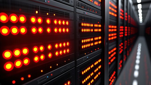 Rows of server racks with blinking red lights in a dim data center room