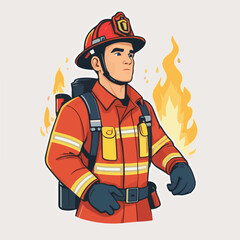 fireman, safety, emergency, firefighter, danger, rescue, fire, man, fighter, uniform, equipment, protection, helmet, service, flame, burn, water, profession, extinguisher, vector, red, hose, backgroun