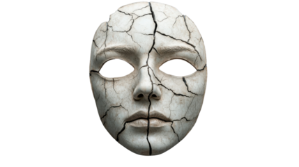 Cracked white mask depicting sad human face on transparent background