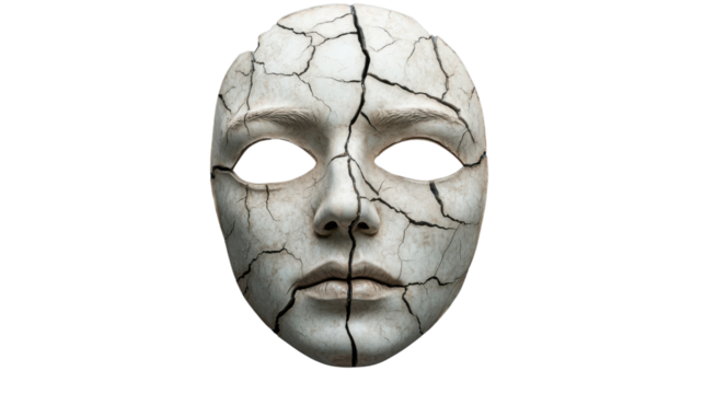 Cracked white mask depicting sad human face on transparent background
