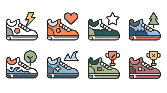 Colorful sneakers showcase diverse icons�lightning, hearts, stars, trees, trophies, and playful designs.