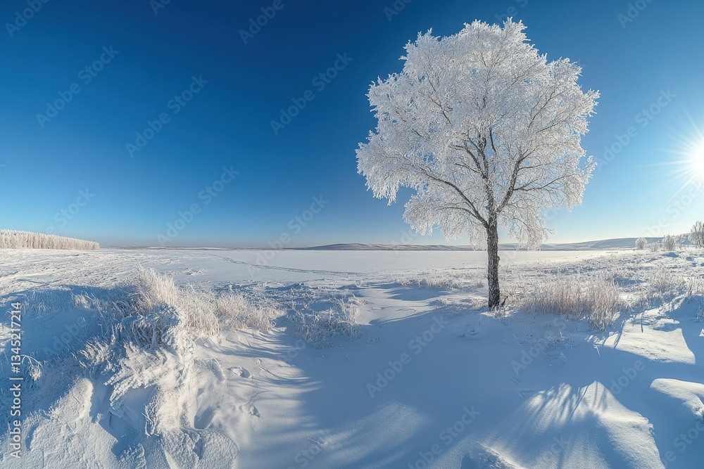 Poster frost-covered tree beside a frozen lake with mountains in the background during a clear winter day