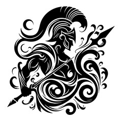 Fototapeta premium Icon of a black-and-white warrior with a helmet and spear, minimalist style, dynamic swirling patterns